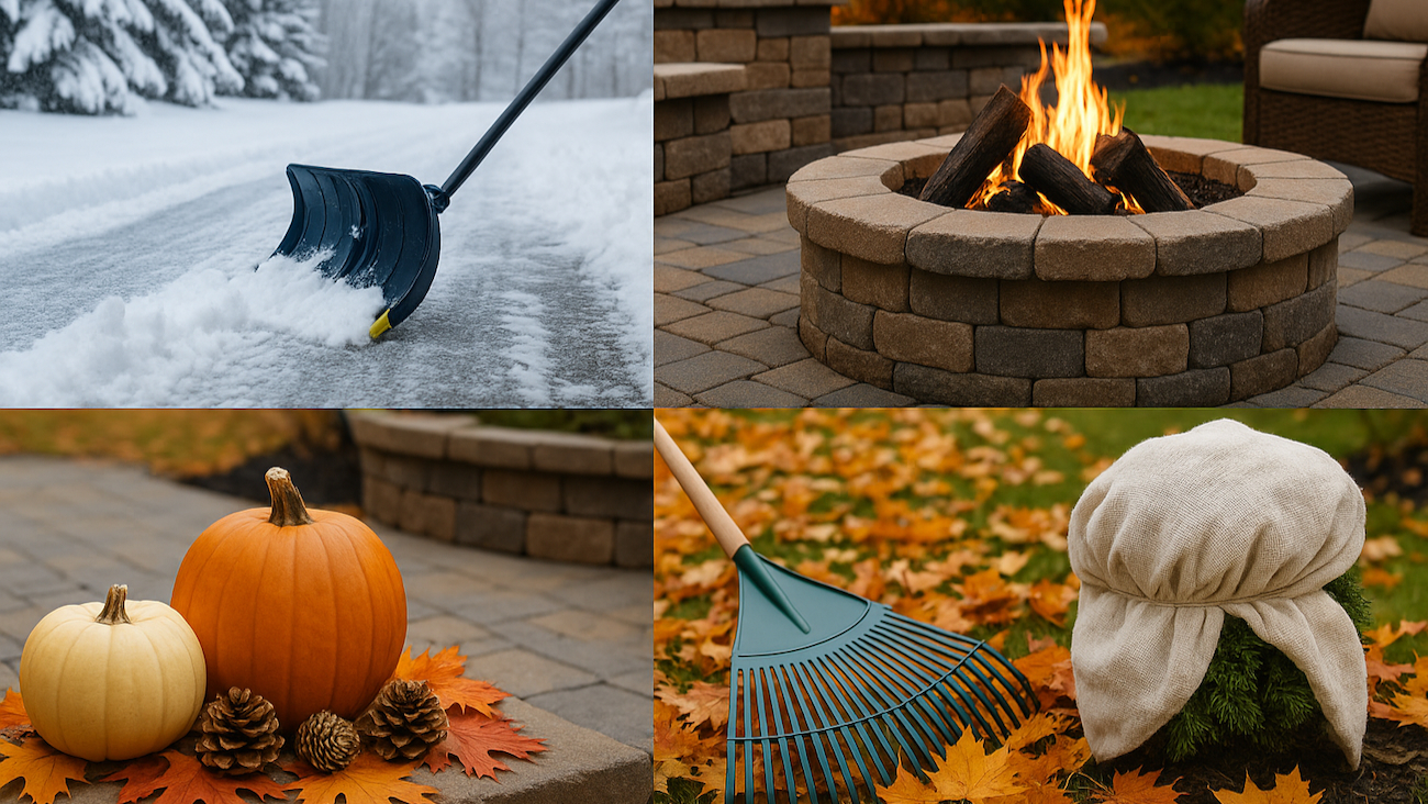 Four seasonal landscape scenes shown in a quadrant layout, including snow removal, a cozy firepit area, fall yard décor, and winter shrub protection, representing landscaper services transitioning from fall to winter.