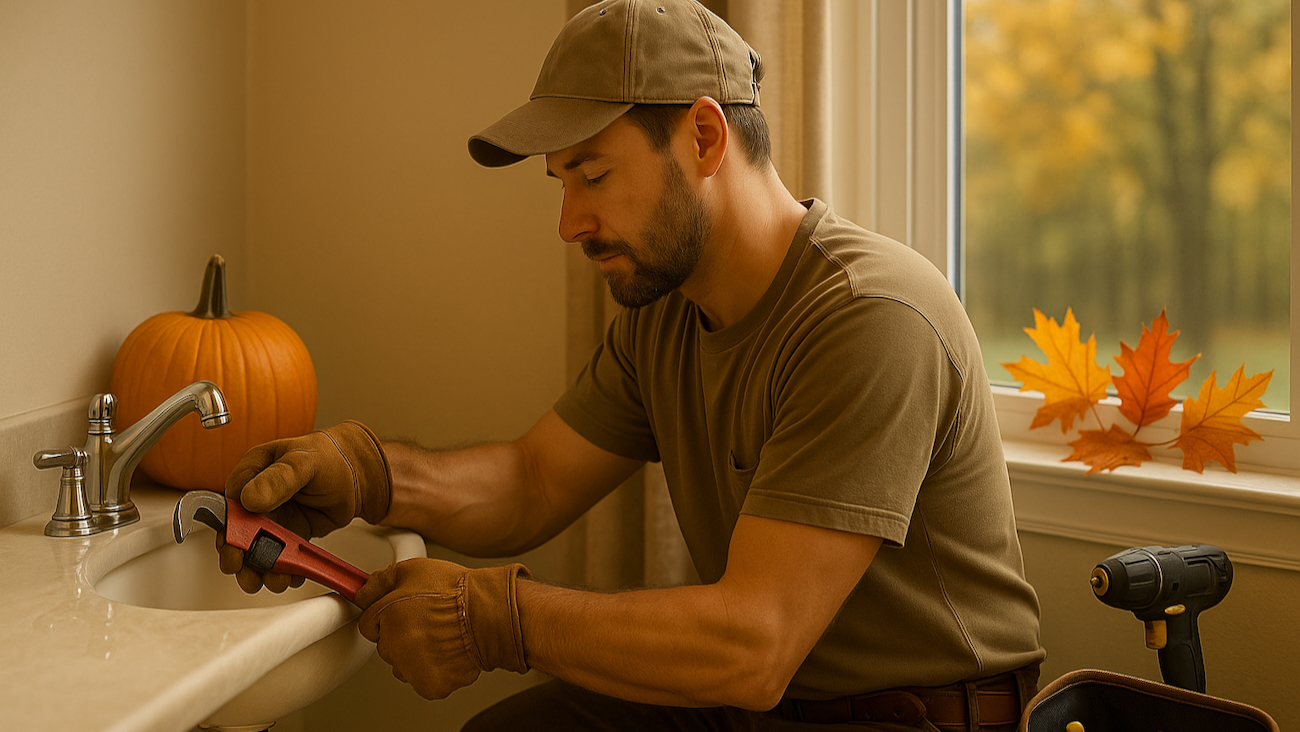 Plumber fixing a bathroom sink in a cozy, fall-themed home with pumpkins and autumn leaves by the window.