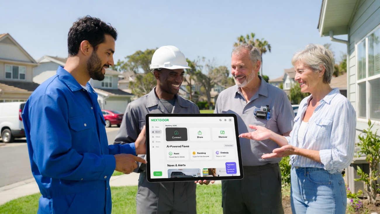 Group of smiling local contractors and neighbors standing in a suburban driveway, one holding a large tablet displaying the Nextdoor app with Faves AI recommendations, News feed, and Alerts sections highlighted, promoting hyperlocal marketing for service businesses in 2026.